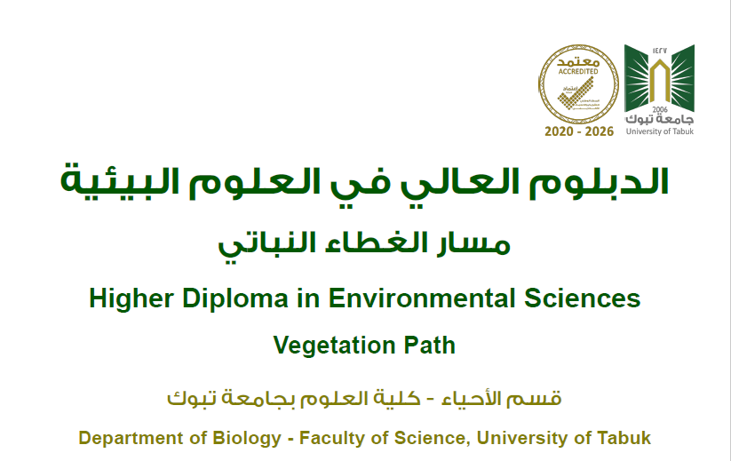 ​نبذه عن البرنامج:يستهدف الدبلوم العالي في العلوم البيئية – مسار الغطاء النباتي خريجي البكالوريوس في التخصصات ذات الصلة، للمساهمة في تحقيق أهداف المملكة العربية السعودية التي تشمل تنمية البيئة وحمايتها والحفاظ عليها. بالإضافة لذلك، سيوفر هذا البرنامج للخريجين ميزة تنافسية مهنية للانضمام إلى الوظائف المتعلقة بالمجالات البيئية، وعلى وجه الخصوصذات العلاقة بالغطاء النباتي.أهداف البرنامج :تعزيز دور كلية العلوم بجامعة تبوك في تأهيل خريجين وخريجات ذوي مهارات وقدرات تلبي احتياجات سوق العمل.إدارة الغطاء النباتي ورقابته وتطبيق السلوكيات الإيجابية وتطوير الإجراءات اللازمة لحل مشكلات الغطاء النباتي.تعزيز الموائل وصون وتنمية الغابات والمراعي والغطاء النباتي بشكل عام، والحفاظ عليها من خلال الإدارة المستدامة لها.مكافحة التصحر، ووقف تدهور الأراضي وإعادة تأهيلها، والحد من فقدان التنوع البيولوجي.معرفه تركيب الغطاء النباتي في المملكة العربية السعودية، وعلى وجه الخصوص منطقة تبوك، وأهميته الطبية والاقتصادية والبيئية.تحقيق التوازن بين الاحتياجات البشرية واستدامة موارد الأرض. هيكل البرنامج:الساعات: 30 ساعة معتمدة مدة الدراسة: عام دراسي (فصلان دراسيان) نظام الدراسة: مقررات دراسية وتدريب ميداني نمط الدراسة: انتظام متطلبات القبول بالبرنامج:الحصول على درجة البكالوريوس في العلوم، في التخصصات ذات الصلة بالعلوم البيئية والأحيائية من جامعة تبوك أو أي جامعة أخرى موصى بها من وزارة التعليم.حصول المتقدم على ما لا يقل عن تقدير (جيد ).المقررات:مبادئ الاستدامة البيئية الاقتصاد في ظل مجتمع مستدامتغير المناخ وعلاقته بالاستدامة البيئيةقيم وأخلاقيات البيئة الاحصاء البيئي الاستشعار عن بعد ونظم المعلومات الجغرافيةإدارة المتنزهات الوطنية فلورا المملكة العربية السعوديةالمجتمعات النباتية ومسح ومراقبة الغطاء النباتيأنظمة وتشريعات الغطاء النباتي والتصحرحماية وانماء المراعي والغاباتتدريب ميدانيلمزيد من المعلومات برجاء التواصل منخلال البريد الالكترونيbiology_dept@ut.edu.sa