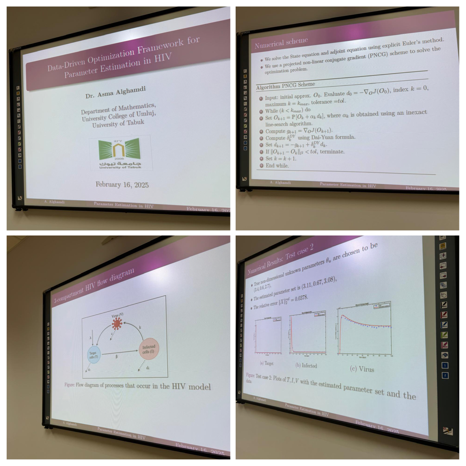 ​قدم قسم الرياضيات اليوم الاحد الموافق ١٧/٨/١٤٤٦ سمينار علمي بعنوان:Data-Driven Optimization Framework for Parameter Estimation in HIVقدمت السمينار مشكورة *د. أسماء الغامدي*بحضور مشرفة القسم وعدد من أعضاء هيئة التدريس.وقد تم مناقشة وتبادل الافكار والخبرات البحثية بين عضوات القسم.